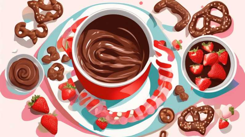 A double boiler filled with melted chocolate and a plate of strawberries, marshmallows, and pretzels ready for dipping.