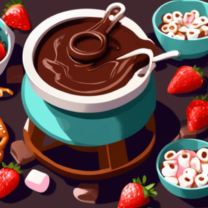 A pot of melted chocolate fondue on a table with strawberries, marshmallows, and pretzels for dipping.