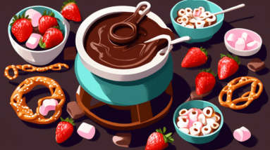 A pot of melted chocolate fondue on a table with strawberries, marshmallows, and pretzels for dipping.