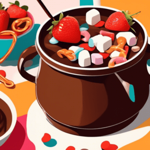 A pot of melted Hershey's chocolate fondue, with strawberries, marshmallows, and pretzels dipped in it.