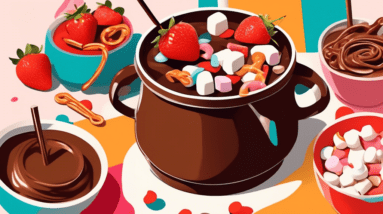 A pot of melted Hershey's chocolate fondue, with strawberries, marshmallows, and pretzels dipped in it.