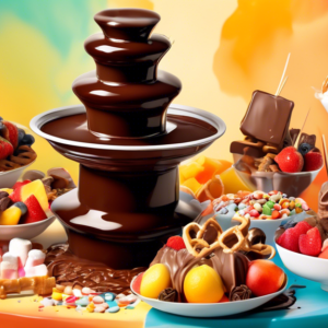 A cascading chocolate fountain, surrounded by skewers of fresh fruit, marshmallows, and pretzels, with a pot of melting chocolate and a bottle of cream in the foreground.