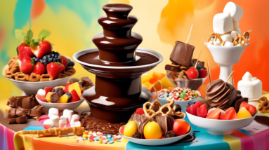 A cascading chocolate fountain, surrounded by skewers of fresh fruit, marshmallows, and pretzels, with a pot of melting chocolate and a bottle of cream in the foreground.