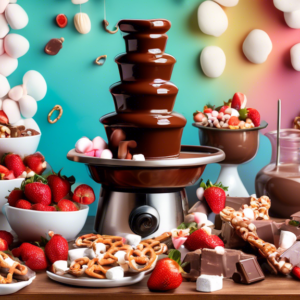 A cascading chocolate fountain surrounded by fresh strawberries, marshmallows, and pretzels on a table.