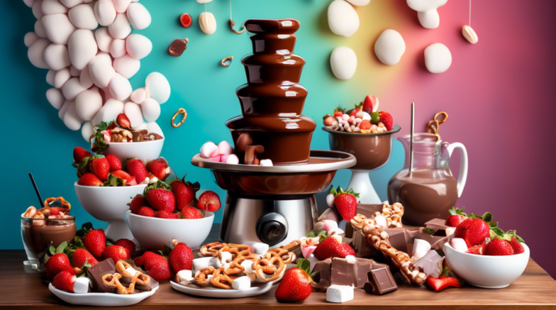 A cascading chocolate fountain surrounded by fresh strawberries, marshmallows, and pretzels on a table.