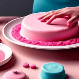 A pair of hands kneading pink fondant on a table with a rolling pin, bowls of colorful fondant, and a partially frosted cake nearby.