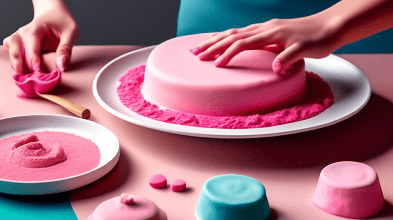 A pair of hands kneading pink fondant on a table with a rolling pin, bowls of colorful fondant, and a partially frosted cake nearby.