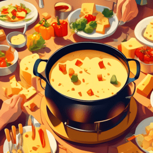 A pot of melted cheese fondue on a table with forks dipping into it, surrounded by bread cubes, vegetables, and smiling people in a warm and inviting atmosphere.