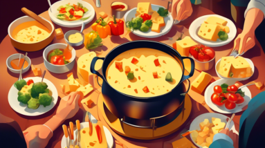 A pot of melted cheese fondue on a table with forks dipping into it, surrounded by bread cubes, vegetables, and smiling people in a warm and inviting atmosphere.