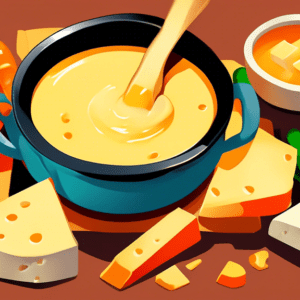 A pot of melted cheese fondue on a table with bread cubes and vegetables for dipping.