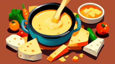 A pot of melted cheese fondue on a table with bread cubes and vegetables for dipping.