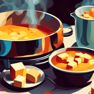 A pot of melted cheese fondue on a stovetop with bowls of bread cubes, vegetables, and a steaming mug of apple cider nearby.