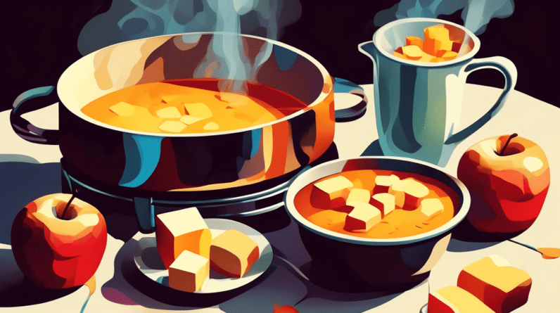 A pot of melted cheese fondue on a stovetop with bowls of bread cubes, vegetables, and a steaming mug of apple cider nearby.