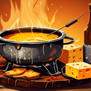 A rustic wooden table set for a fondue party, with a pot of melted cheese resting over a bed of hot coals in a metal bowl.