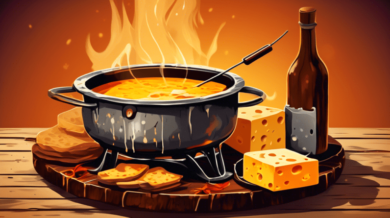 A rustic wooden table set for a fondue party, with a pot of melted cheese resting over a bed of hot coals in a metal bowl.