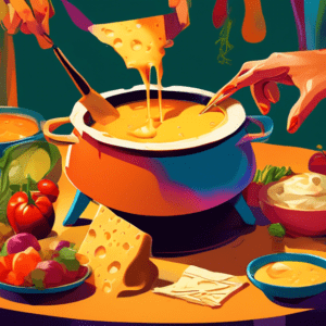 A pot of melted cheese fondue on a table surrounded by friends dipping bread and vegetables, with a warm, inviting atmosphere.