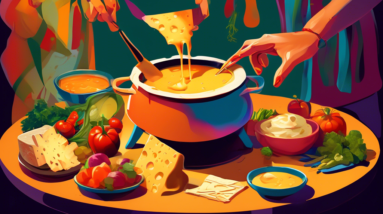 A pot of melted cheese fondue on a table surrounded by friends dipping bread and vegetables, with a warm, inviting atmosphere.