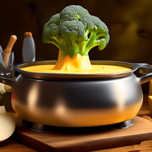 A pot of melted cheese fondue on a wooden table surrounded by bread cubes, broccoli florets, and sliced apples.