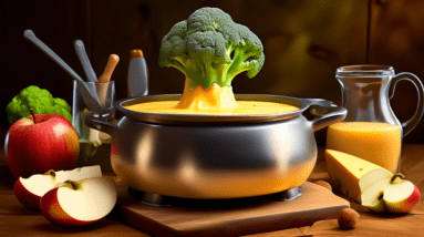 A pot of melted cheese fondue on a wooden table surrounded by bread cubes, broccoli florets, and sliced apples.