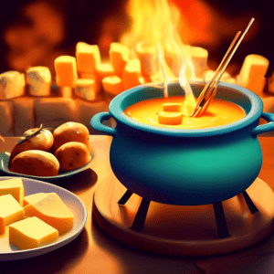 A pot of bubbling cheese fondue surrounded by friends dipping bread cubes with a cozy fireplace in the background.