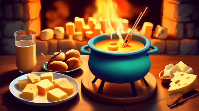 A pot of bubbling cheese fondue surrounded by friends dipping bread cubes with a cozy fireplace in the background.