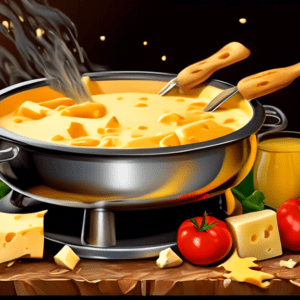 A pot of bubbling melted cheese fondue on a rustic wooden table surrounded by forks with bread cubes and vegetables.