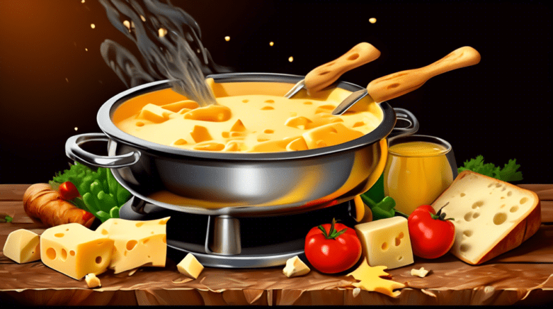 A pot of bubbling melted cheese fondue on a rustic wooden table surrounded by forks with bread cubes and vegetables.