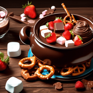 A pot of melting chocolate fondue surrounded by strawberries, marshmallows, and pretzels on a rustic wooden table.