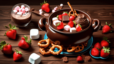 A pot of melting chocolate fondue surrounded by strawberries, marshmallows, and pretzels on a rustic wooden table.