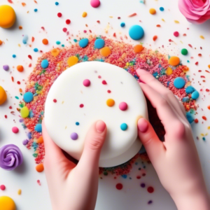 A pair of hands kneading smooth, white fondant on a table scattered with colorful sprinkles and sugar flowers.