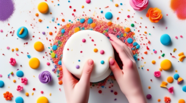 A pair of hands kneading smooth, white fondant on a table scattered with colorful sprinkles and sugar flowers.