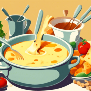 A pot of melted cheese fondue on a table with bread cubes, vegetables, and forks for dipping.