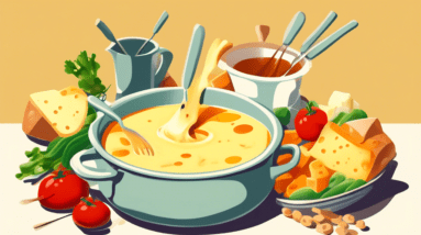 A pot of melted cheese fondue on a table with bread cubes, vegetables, and forks for dipping.