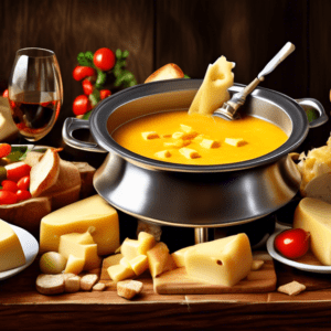 A bubbling pot of cheese fondue on a rustic wooden table, surrounded by bread cubes, vegetables, and friends sharing a meal.