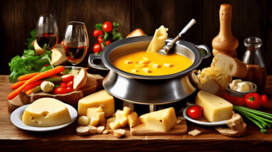 A bubbling pot of cheese fondue on a rustic wooden table, surrounded by bread cubes, vegetables, and friends sharing a meal.