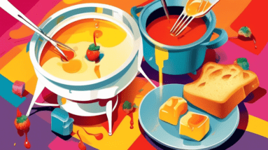 A pot of simmering oil fondue with bread cubes and dipping forks around it.