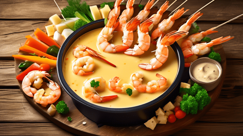 A pot of melted cheese fondue with skewers of shrimp, vegetables, and bread arranged around it on a rustic wooden table.