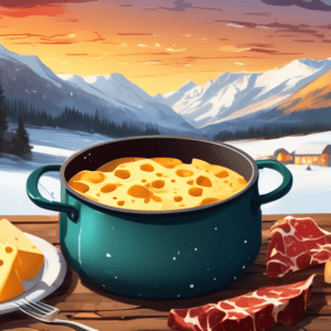 A pot of bubbling melted cheese on a rustic wooden table surrounded by forks with bread cubes, charcuterie, and a snowy mountain view in the background.