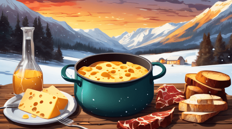 A pot of bubbling melted cheese on a rustic wooden table surrounded by forks with bread cubes, charcuterie, and a snowy mountain view in the background.