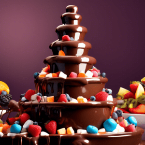 A towering chocolate fountain cascading over tiers of fresh fruit and marshmallows, in a style reminiscent of Willy Wonka.