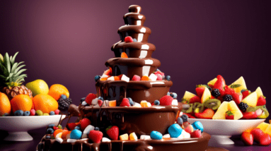 A towering chocolate fountain cascading over tiers of fresh fruit and marshmallows, in a style reminiscent of Willy Wonka.