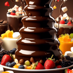 A majestic chocolate fountain cascading layers of melted dark, milk, and white chocolate, surrounded by an assortment of fresh fruits and marshmallows.