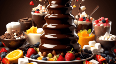 A majestic chocolate fountain cascading layers of melted dark, milk, and white chocolate, surrounded by an assortment of fresh fruits and marshmallows.