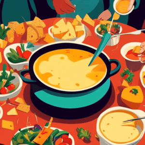 A pot of melted cheese fondue on a table surrounded by people dipping bread and vegetables.