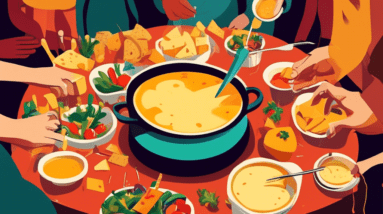 A pot of melted cheese fondue on a table surrounded by people dipping bread and vegetables.