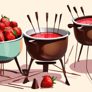 A DIY fondue set made from a repurposed cooking pot with skewers melting chocolate and strawberries.