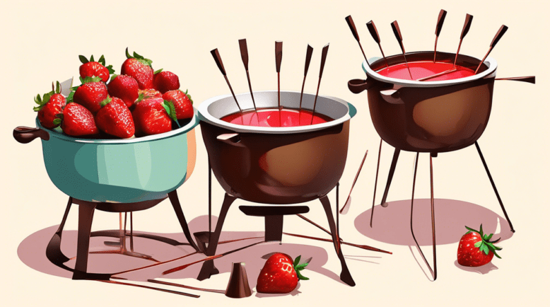 A DIY fondue set made from a repurposed cooking pot with skewers melting chocolate and strawberries.