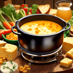 A pot of bubbling cheese fondue on a rustic wooden table, surrounded by bread cubes, vegetables, and friends sharing a meal.