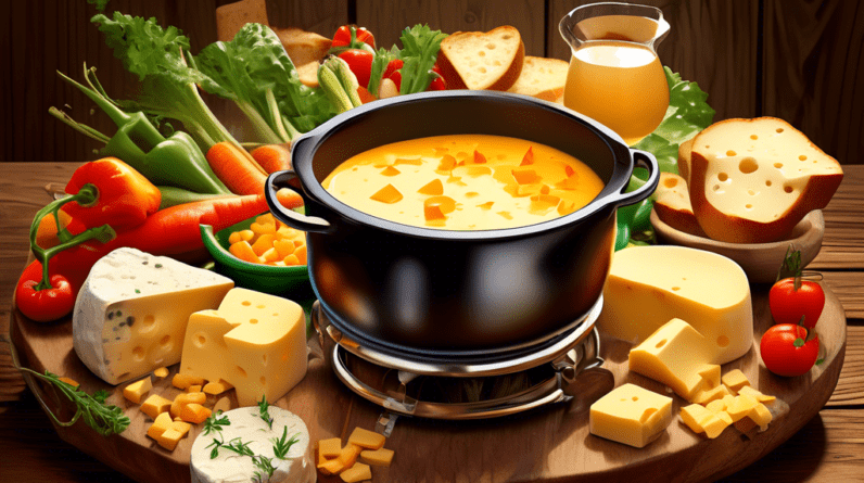 A pot of bubbling cheese fondue on a rustic wooden table, surrounded by bread cubes, vegetables, and friends sharing a meal.