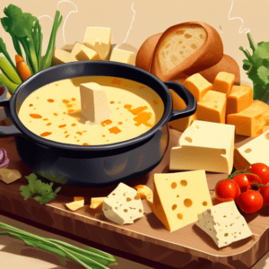 A pot of bubbling cheese fondue on a wooden board surrounded by bread cubes, vegetables, and friends dipping food.